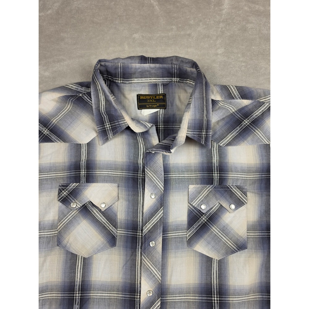 Rustler Western Snap Shirt Mens 3XL Blue Plaid Pearl Snap Long Sleeve Wrangler